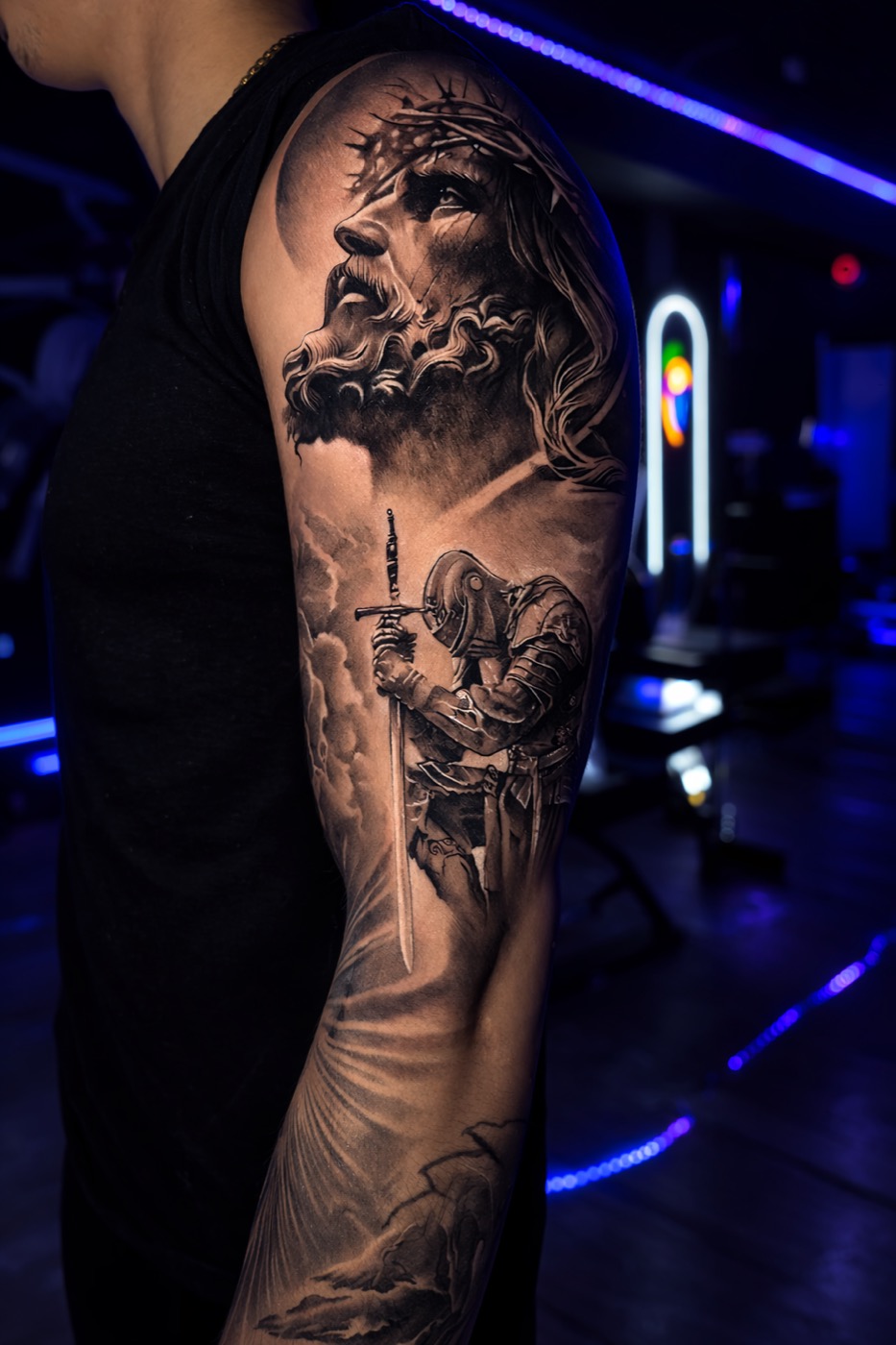 Faith & Steel — Black & Grey tattoo by Laurent Alba, Denver